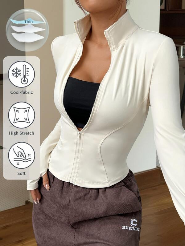 SHEIN EZwear 杏色针织修身女士长袖防晒外套，秋冬季款