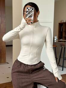 SHEIN EZwear Black Fitted Women's Long-Sleeve Knit Sun-Protection Jacket, Featuring A Vintage Napoleon-Style Print And Pockets. - Apricot - View 6