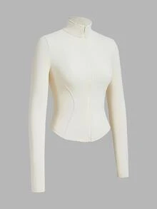 SHEIN EZwear Black Fitted Women's Long-Sleeve Knit Sun-Protection Jacket, Featuring A Vintage Napoleon-Style Print And Pockets. - Apricot - View 4