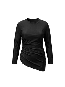 Swim Mulvari 1 件大码女式纯色单侧褶保守修身遮肚布基尼泳衣上衣 - 黑色 - 查看 8