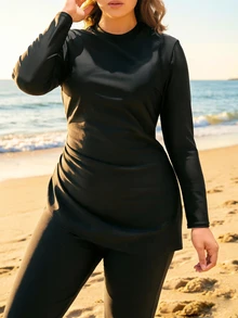 Swim Mulvari 1 件大码女式纯色单侧褶保守修身遮肚布基尼泳衣上衣 - 黑色 - 查看 2