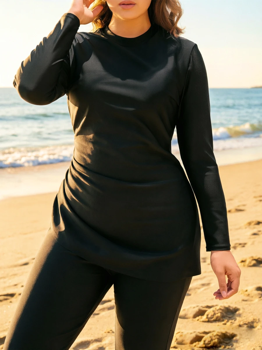 Swim Mulvari 1 件大码女式纯色单侧褶保守修身遮肚布基尼泳衣上衣