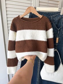 SHEIN 青少年女孩秋冬休閒保暖內裡加厚圓領寬鬆條紋針織毛衣 - 棕色 - 查看 3