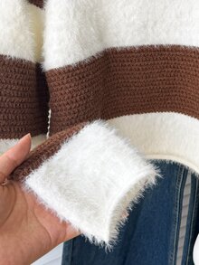SHEIN 青少年女孩秋冬休閒保暖內裡加厚圓領寬鬆條紋針織毛衣 - 棕色 - 查看 6