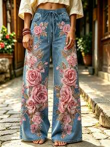 Selamara Women's Drawstring Waist Floral Print Casual Versatile Daily Wear Long Pants - Multicolor - View 4