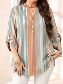 EMERY ROSE Striped Plus Size Women's Rolled Sleeve Shirt, Suitable For Spring And Autumn Fall - Multicolor - View 1