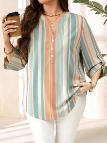 EMERY ROSE Striped Plus Size Women's Rolled Sleeve Shirt, Suitable For Spring And Autumn Fall - Multicolor - View 3