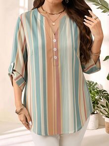EMERY ROSE Striped Plus Size Women's Rolled Sleeve Shirt, Suitable For Spring And Autumn Fall - Multicolor - View 6