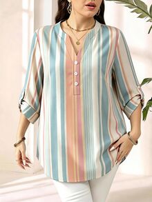 EMERY ROSE Striped Plus Size Women's Rolled Sleeve Shirt, Suitable For Spring And Autumn Fall - Multicolor - View 5