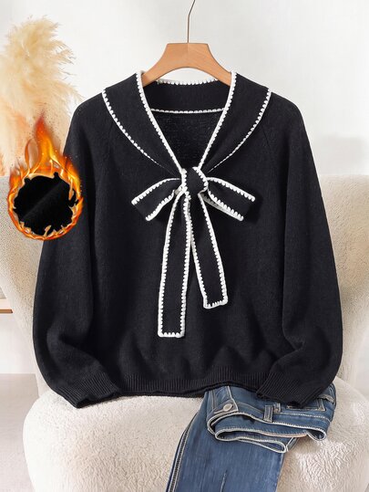 Reflora Plus Size Women's Pullover Sweater, Elegant Long Sleeve Tie-Knot Loose Casual Versatile Daily Wear