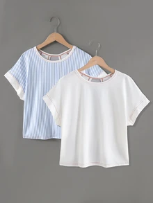SHEIN Girlism 兒童青少年女孩春夏兩件套休閒時尚背後交叉露背對比線條設計圓領露肩短袖寬鬆T恤 - 紅色 - 查看 4
