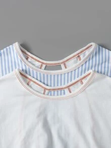 SHEIN Girlism 兒童青少年女孩春夏兩件套休閒時尚背後交叉露背對比線條設計圓領露肩短袖寬鬆T恤 - 紅色 - 查看 2