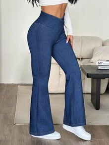 SHEIN PETITE 女款不對稱腰線休閒喇叭牛仔褲 教師風格女裝 - 藍色 - 查看 4