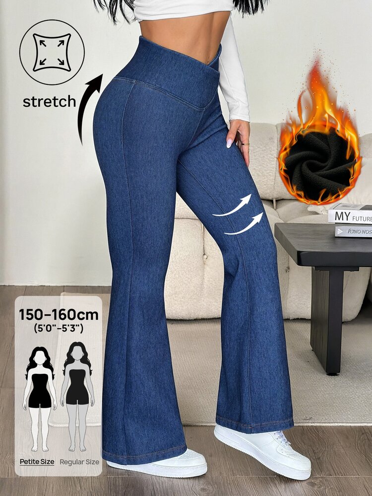 SHEIN PETITE Women's Asymmetric Waist Casual Flare Jeans Teacher Outfits For Women - Blue - View 1