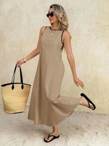 SHEIN Frenchy Women's Color Block Casual Party Long Dress,Summer Dresses For Women - Khaki - View 3