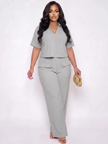 Poshavie Poshavie Plus-Size Casual Two Pieces Set For Women, Stylish And Relaxed Fit, Simple Stretch Set. Vacation Formal Summer - Light Grey - View 5