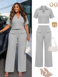Poshavie Poshavie Plus-Size Casual Two Pieces Set For Women, Stylish And Relaxed Fit, Simple Stretch Set. Vacation Formal Summer - Light Grey - View 1