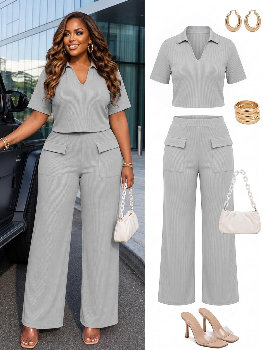 Poshavie Poshavie Plus-Size Casual Two Pieces Set For Women, Stylish And Relaxed Fit, Simple Stretch Set. Vacation Formal Summer - Light Grey - View 1