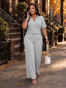Poshavie Poshavie Plus-Size Casual Two Pieces Set For Women, Stylish And Relaxed Fit, Simple Stretch Set. Vacation Formal Summer - Light Grey - View 3