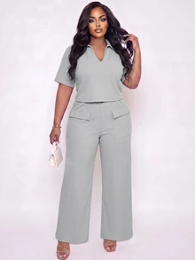 Poshavie Poshavie Plus-Size Casual Two Pieces Set For Women, Stylish And Relaxed Fit, Simple Stretch Set. Vacation Formal Summer - Light Grey - View 4