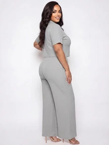 Poshavie Poshavie Plus-Size Casual Two Pieces Set For Women, Stylish And Relaxed Fit, Simple Stretch Set. Vacation Formal Summer - Light Grey - View 2