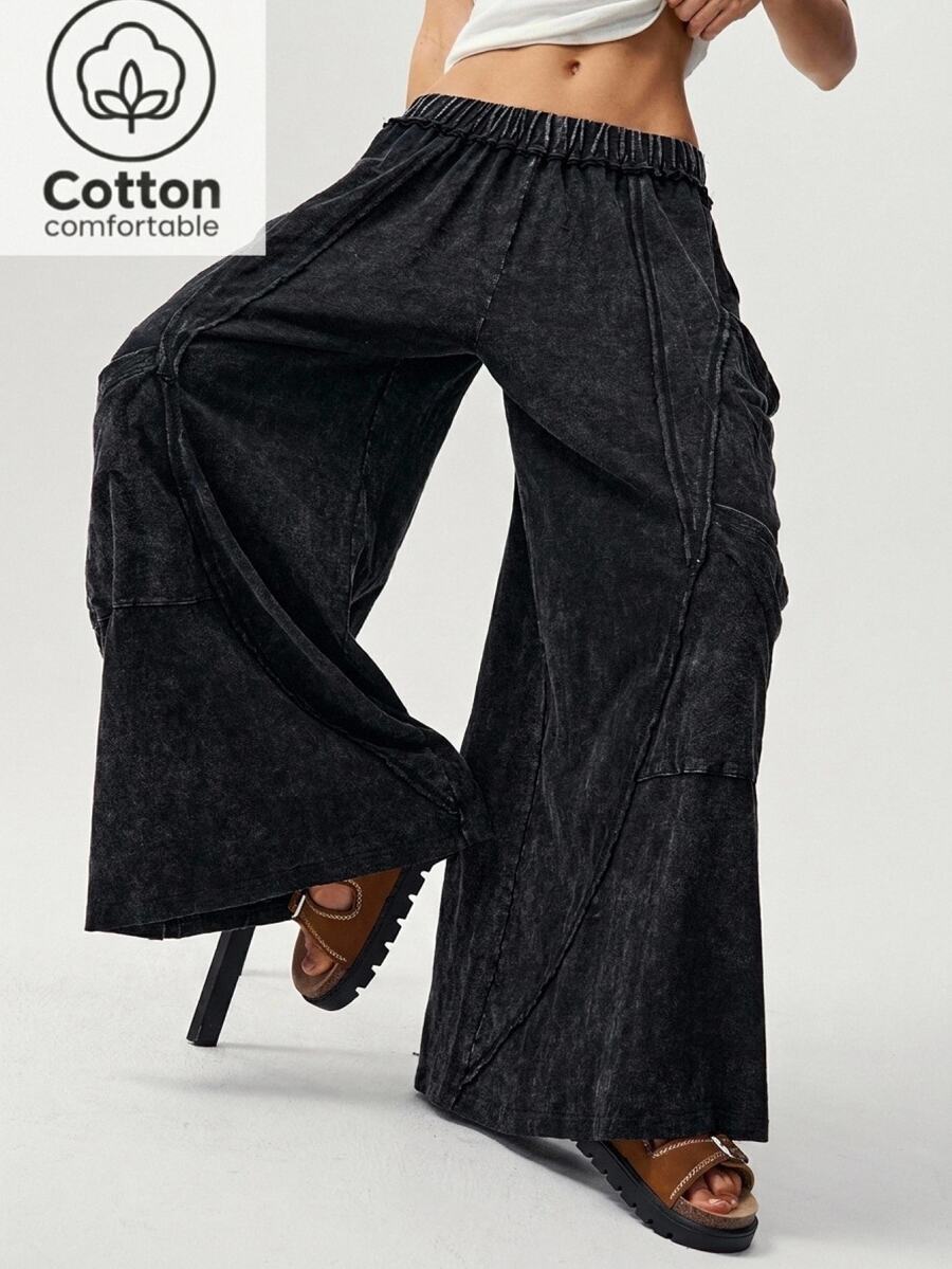 Bohemela Casual Solid Color Knit Loose Washed Women's Long Pants - Black - View 1