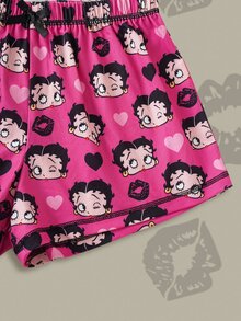 Betty Boop x SHEIN 女款對比滾邊可愛印花吊帶上衣與短褲睡衣套裝，舒適夏季睡衣 - 彩色 - 查看 7