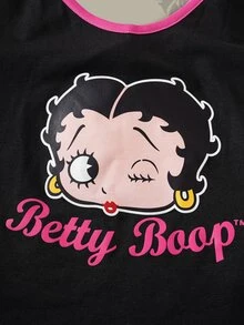 Betty Boop x SHEIN 女款對比滾邊可愛印花吊帶上衣與短褲睡衣套裝，舒適夏季睡衣 - 彩色 - 查看 4