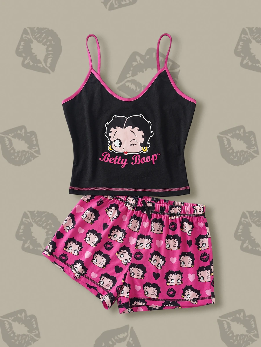 Betty Boop x SHEIN 女款對比滾邊可愛印花吊帶上衣與短褲睡衣套裝,舒適夏季睡衣 - 彩色 - 查看 1