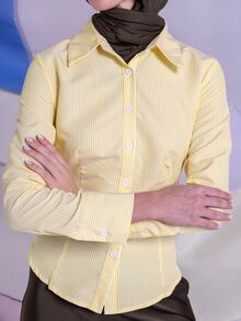 SHEIN EZwear 女士秋季新款粉色条纹系腰修身长袖衬衫 黄色条纹衬衫 - 黃色 - 查看 6