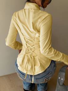 SHEIN EZwear 女士秋季新款粉色条纹系腰修身长袖衬衫 黄色条纹衬衫 - 黃色 - 查看 1