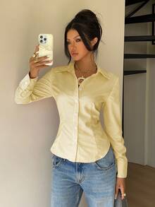 SHEIN EZwear 女士秋季新款粉色条纹系腰修身长袖衬衫 黄色条纹衬衫 - 黃色 - 查看 8