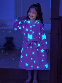 SHEIN 女童秋冬保暖內裡加厚寬鬆日常深色印花連帽前開襟睡袍粉色兒童睡衣 - 藕粉色 - 查看 6