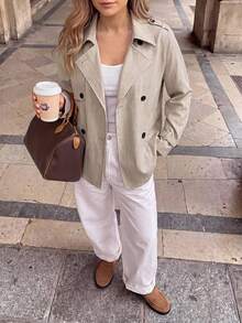 SHEIN LUNE Intage Nomadic 女款高領收腰鈕扣式風衣外套 秋季保暖辦公旅行休閒卡其色外套 - 卡其色 - 查看 5