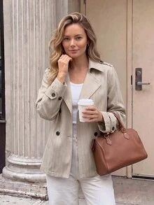 SHEIN LUNE Intage Nomadic 女款高領收腰鈕扣式風衣外套 秋季保暖辦公旅行休閒卡其色外套 - 卡其色 - 查看 7