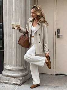 SHEIN LUNE Intage Nomadic 女款高領收腰鈕扣式風衣外套 秋季保暖辦公旅行休閒卡其色外套 - 卡其色 - 查看 8