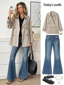 SHEIN LUNE Intage Nomadic 女款高領收腰鈕扣式風衣外套 秋季保暖辦公旅行休閒卡其色外套 - 卡其色 - 查看 3