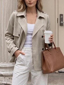 SHEIN LUNE Intage Nomadic 女款高領收腰鈕扣式風衣外套 秋季保暖辦公旅行休閒卡其色外套 - 卡其色 - 查看 4