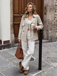 SHEIN LUNE Intage Nomadic 女款高領收腰鈕扣式風衣外套 秋季保暖辦公旅行休閒卡其色外套 - 卡其色 - 查看 6