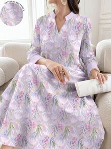 SHEIN Najma 花卉蘭花印花女款V領開衩領長袖洋裝 優雅阿拉伯風休閒冬季早晨辦公穿搭 柔紫色 - 彩色 - 查看 1
