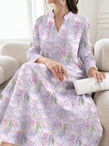 SHEIN Najma 花卉蘭花印花女款V領開衩領長袖洋裝 優雅阿拉伯風休閒冬季早晨辦公穿搭 柔紫色 - 彩色 - 查看 5