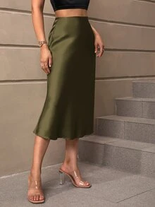 SHEIN LUNE 女性簡約優雅的純色人魚半身裙 - 軍綠色 - 查看 7