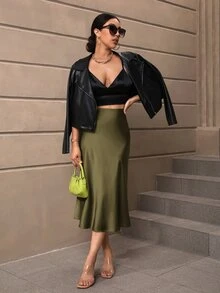 SHEIN LUNE 女性簡約優雅的純色人魚半身裙 - 軍綠色 - 查看 5