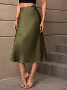 SHEIN LUNE 女性簡約優雅的純色人魚半身裙 - 軍綠色 - 查看 3
