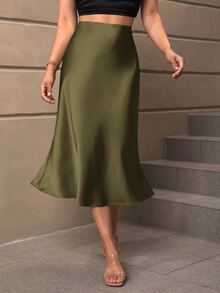 SHEIN LUNE 女性簡約優雅的純色人魚半身裙 - 軍綠色 - 查看 1