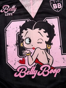 Betty Boop x SHEIN 大码女式休闲时尚街头风日常通勤卡通图案蝴蝶结印花撞色V领撞色蕾丝透气宽松T恤，春秋季 - 黑色 - 查看 3