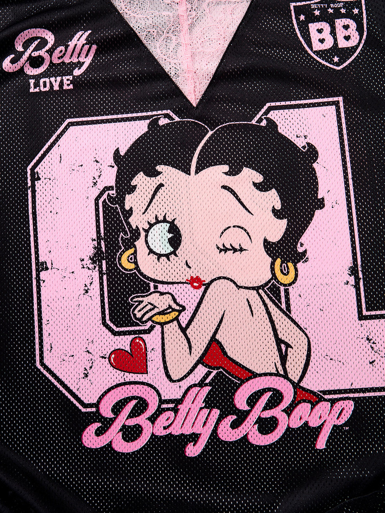 Betty Boop x SHEIN Plus Size Sheer Knitted Fabric T-Shirt With Deep V Neck Letter Print And Half Batwing Sleeves Long Casual Black - Black - View 3