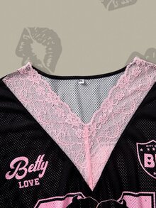 Betty Boop x SHEIN 大码女式休闲时尚街头风日常通勤卡通图案蝴蝶结印花撞色V领撞色蕾丝透气宽松T恤，春秋季 - 黑色 - 查看 4