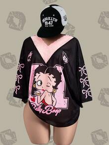 Betty Boop x SHEIN 大码女式休闲时尚街头风日常通勤卡通图案蝴蝶结印花撞色V领撞色蕾丝透气宽松T恤，春秋季 - 黑色 - 查看 1
