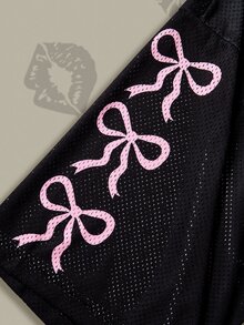 Betty Boop x SHEIN 大码女式休闲时尚街头风日常通勤卡通图案蝴蝶结印花撞色V领撞色蕾丝透气宽松T恤，春秋季 - 黑色 - 查看 5